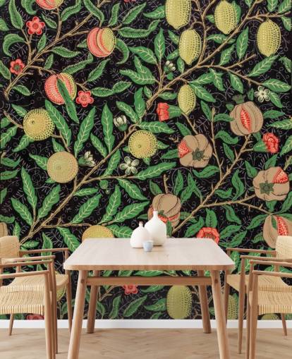 sfondo nero con carta da parati gialla con limoni e pesche