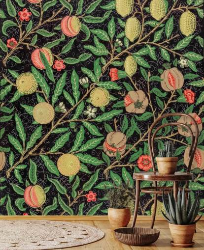 fondo negro con papel pintado de limones y melocotones amarillos