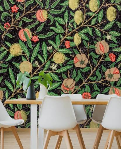 black background with yellow lemons and peaches wallpaper