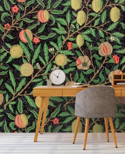 black background with yellow lemons and peaches wallpaper