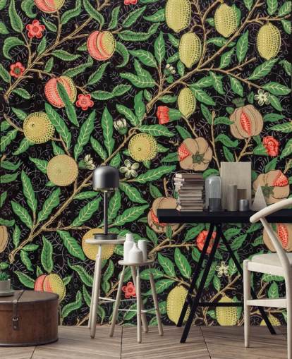 fondo negro con papel pintado de limones y melocotones amarillos