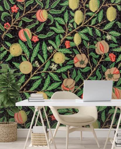 fondo negro con papel pintado de limones y melocotones amarillos