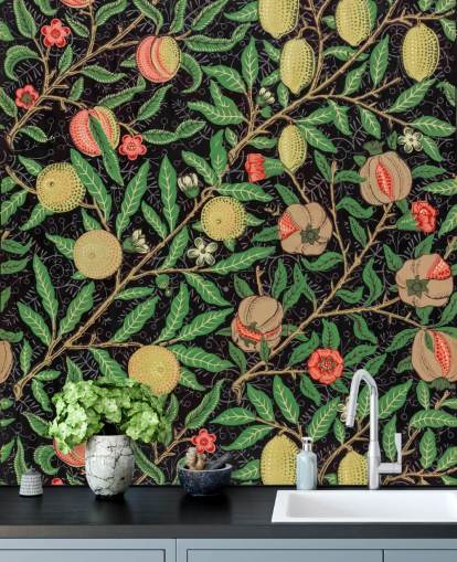 black background with yellow lemons and peaches wallpaper