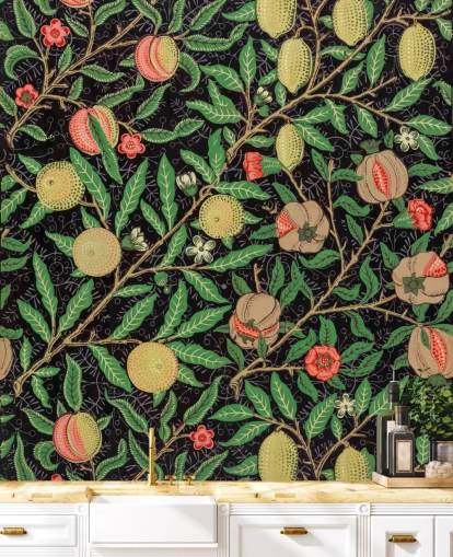 fondo negro con papel pintado de limones y melocotones amarillos