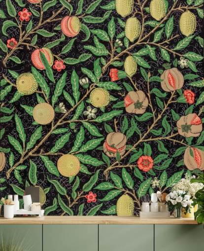 fondo negro con papel pintado de limones y melocotones amarillos