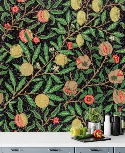 black background with yellow lemons and peaches wallpaper