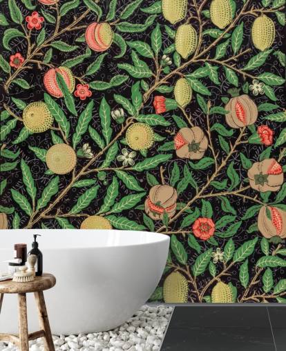 black background with yellow lemons and peaches wallpaper