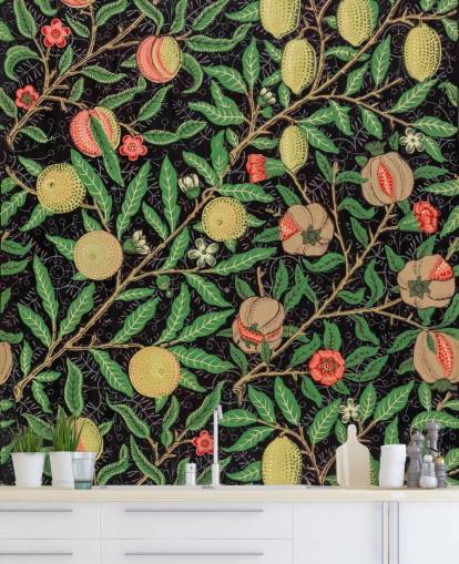 black background with yellow lemons and peaches wallpaper