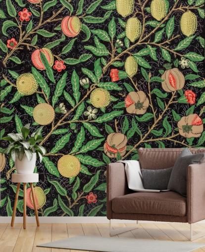 fundo preto com papel de parede de limões e pêssegos amarelos