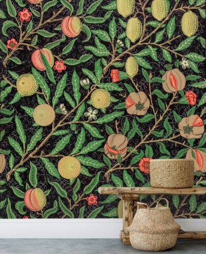 black background with yellow lemons and peaches wallpaper