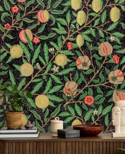 fondo negro con papel pintado de limones y melocotones amarillos