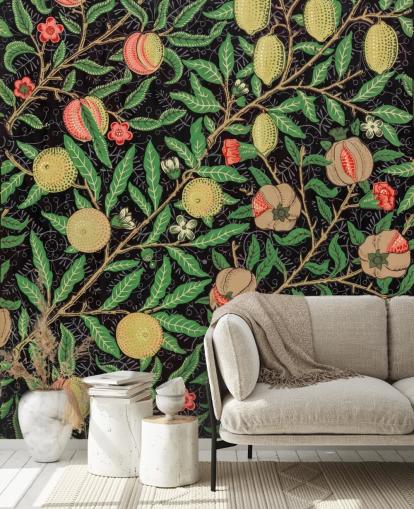 black background with yellow lemons and peaches wallpaper