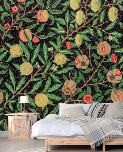 fondo negro con papel pintado de limones y melocotones amarillos