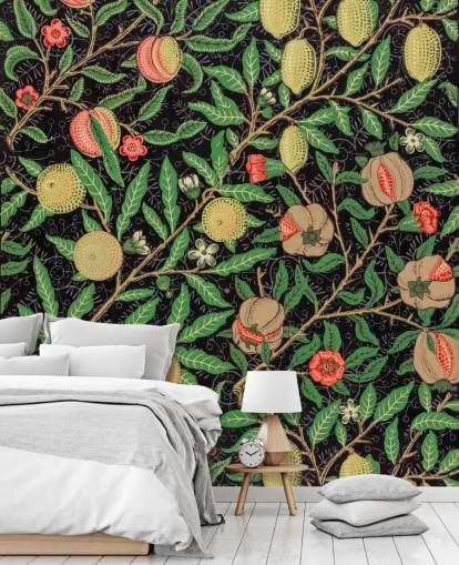 fondo negro con papel pintado de limones y melocotones amarillos