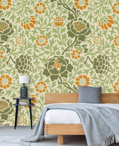 groen en oranje bloemenbehang