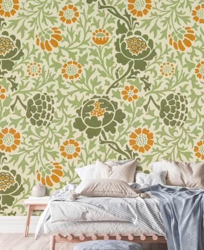 grønn og oransje blomst tapet