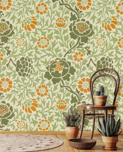 papier peint à fleurs vert et orange