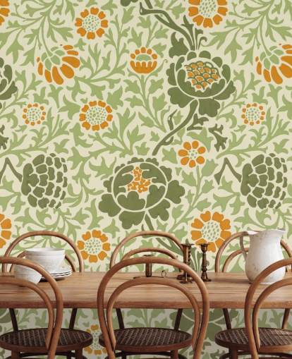 papel pintado de flores verdes y naranjas