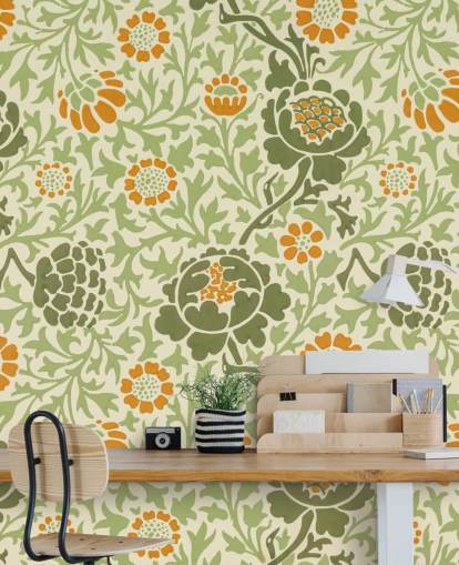 papel pintado de flores verdes y naranjas