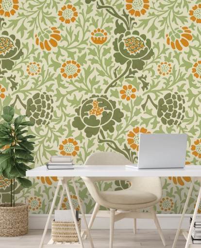 papel pintado de flores verdes y naranjas