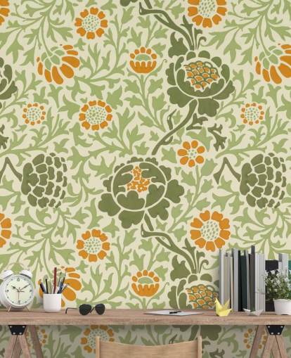 papel de parede flor verde e laranja