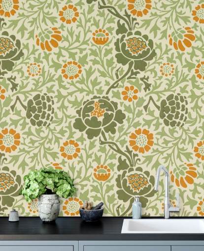 papel de parede flor verde e laranja