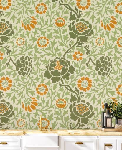 carta da parati fiori verdi e arancioni