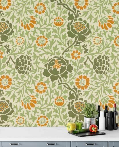 groen en oranje bloemenbehang