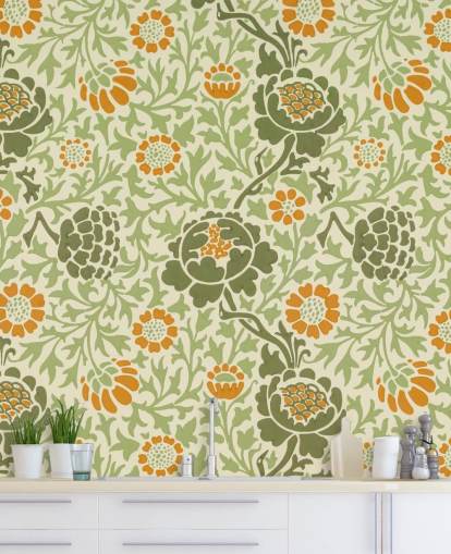 papier peint à fleurs vert et orange papier peint à fleurs vert et orange