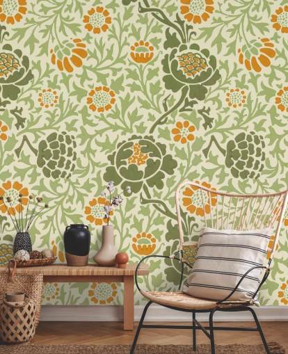 papel de parede flor verde e laranja