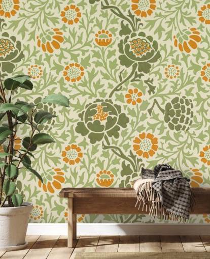 papel pintado de flores verdes y naranjas