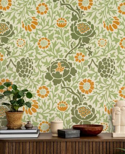 papel pintado de flores verdes y naranjas