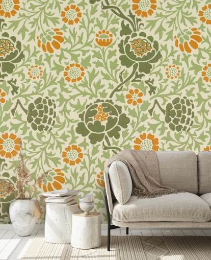 papier peint à fleurs vert et orange