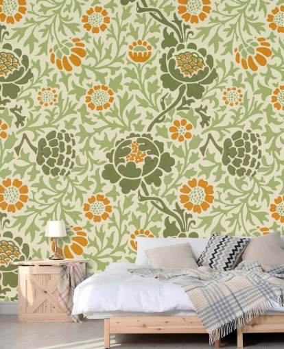 papel pintado de flores verdes y naranjas