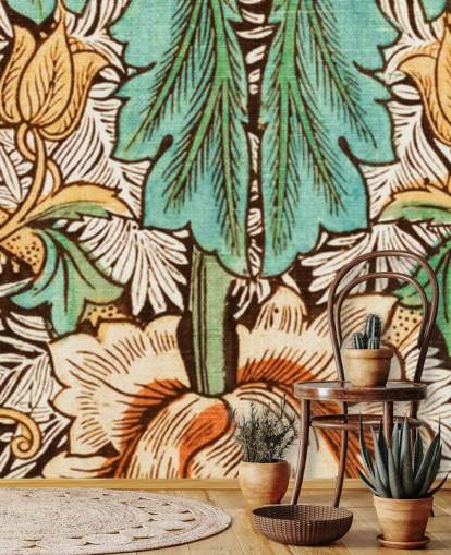 geel, oranje, groen vintage bloemenbehang geel, oranje, groen vintage bloemenbehang