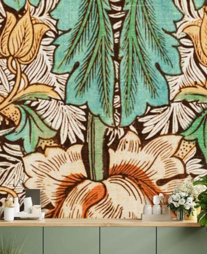 papier peint vintage à fleurs jaune, orange, vert