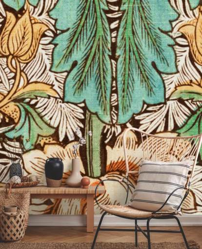 papel de parede floral vintage amarelo, laranja, verde