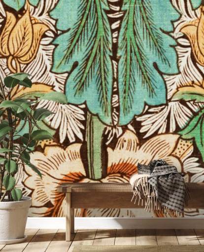 yellow, orange, green vintage floral wallpaper