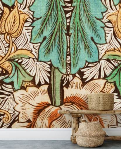 gul, orange, grøn vintage blomstret tapet