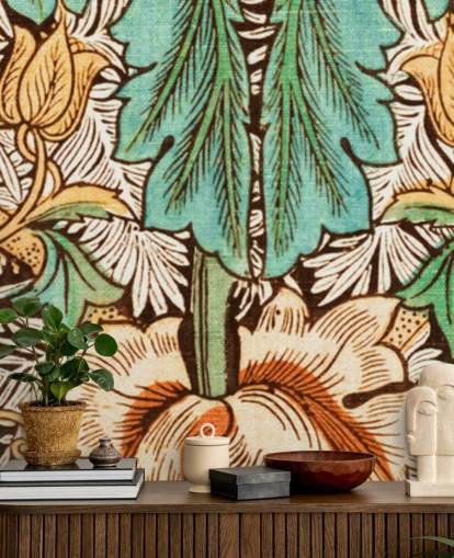 yellow, orange, green vintage floral wallpaper