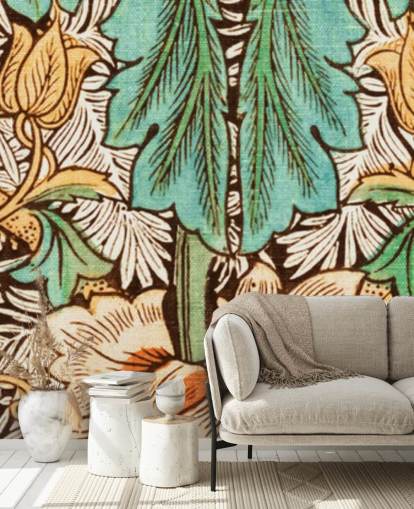 yellow, orange, green vintage floral wallpaper