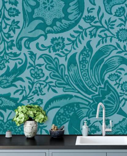 papier peint bleu style paisley
