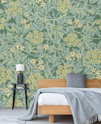 bladeren en bloemen groen behang