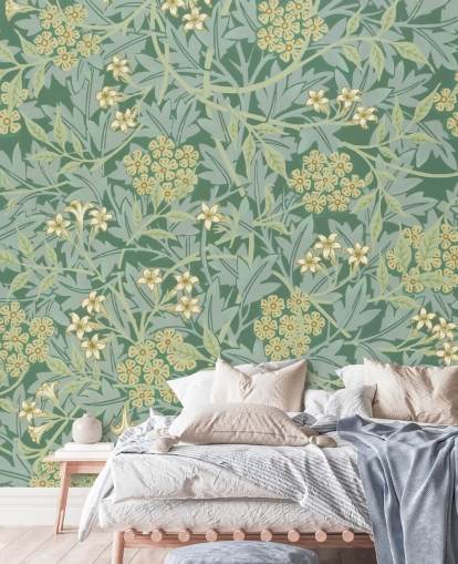 carta da parati verde foglie e fiori