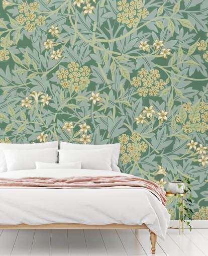 papel tapiz verde hojas y flores