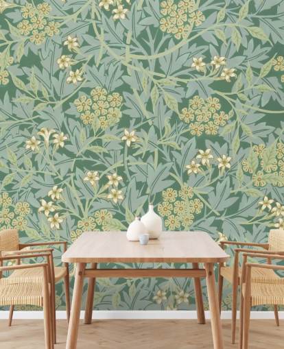 bladeren en bloemen groen behang