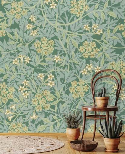 bladeren en bloemen groen behang