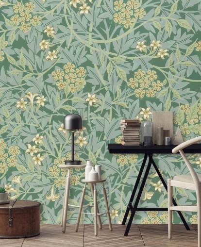 folhas e flores papel de parede verde