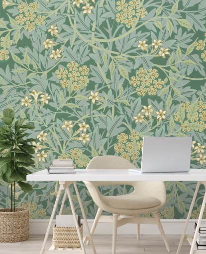 bladeren en bloemen groen behang