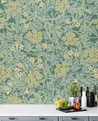 papel tapiz verde hojas y flores